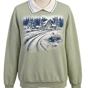 VTG Day Breeze Vintage Cabin Winter Scene Sweatshirt Sage Green Double Collar L